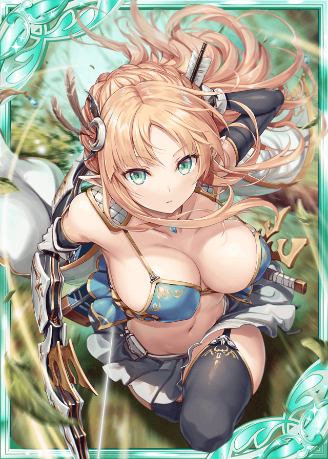 1girl akkijin arm_up arm_warmers armor armpits bare_shoulders bikini bikini_armor bikini_top black_legwear blonde_hair blue_bikini bow_(weapon) breasts cleavage collarbone elf floating_hair garter_straps gloves gold_trim green_eyes hair_ornament holding holding_bow_(weapon) holding_weapon large_breasts leaf lenalee_(shinkai_no_valkyrie) long_hair looking_at_viewer midriff miniskirt motion_blur navel official_art pleated_skirt pointy_ears running shinkai_no_valkyrie shoulder_armor sidelocks skirt solo spaulders stomach strap_gap swimsuit thighhighs v-shaped_eyebrows weapon white_gloves white_skirt zettai_ryouiki