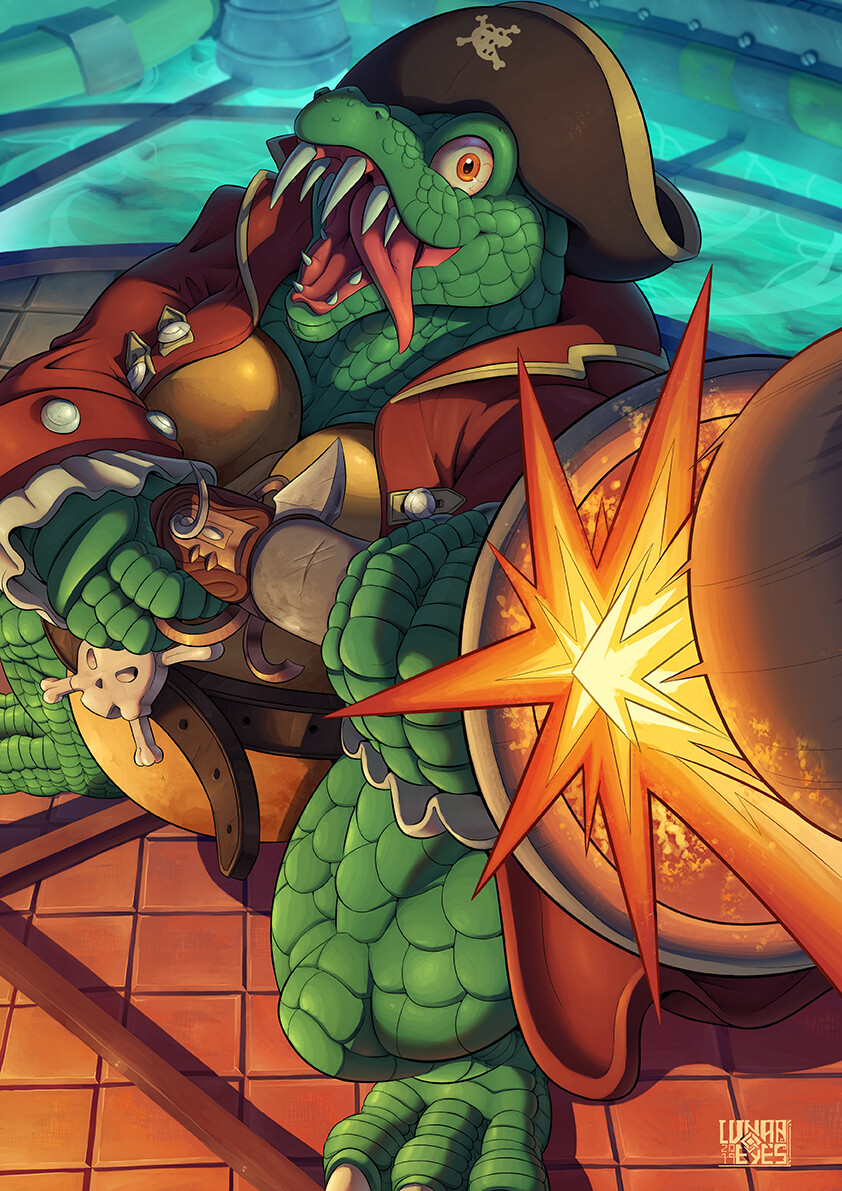 2019 3_toes 4_fingers amber_eyes anthro belly belt big_belly biped blunderbuss cannon cannonball claws clothed clothing coat crocodile crocodilian crocodylid detailed_background digital_media_(artwork) donkey_kong_(series) fangs feet finger_claws fingers green_body green_scales hat headgear headwear holding_object holding_weapon inside king_k._rool kremling looking_at_viewer lunar_eyes_illustration male musclegut muscular muscular_anthro muscular_male nintendo open_clothing open_coat open_mouth open_smile open_topwear overweight overweight_anthro overweight_male pecs pink_tongue plantigrade quads ranged_weapon reptile scales scalie sharp_teeth signature smile solo standing teeth toe_claws toes tongue tongue_out topwear video_games weapon white_claws