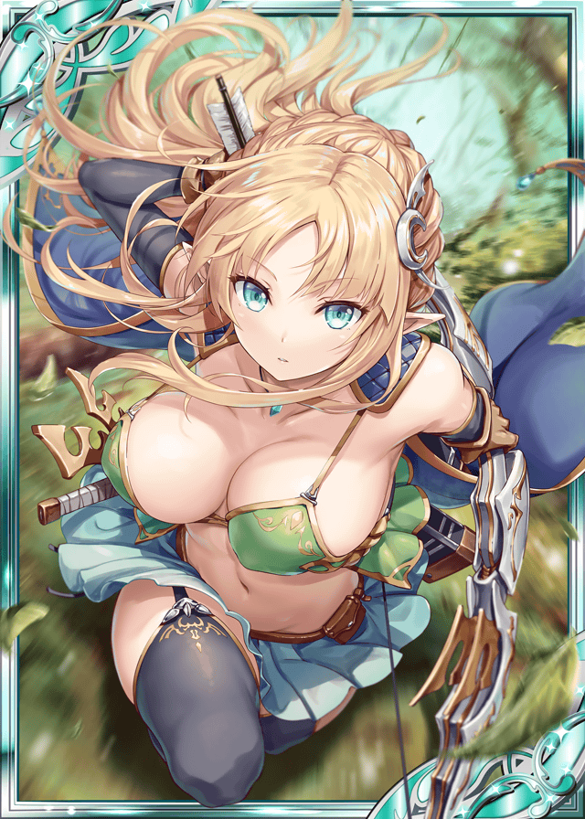 1girl akkijin aqua_eyes arm_up arm_warmers armor armpits bare_shoulders bikini bikini_armor bikini_top black_legwear blonde_hair blue_bikini bow_(weapon) breasts cleavage collarbone elf floating_hair garter_straps gloves gold_trim hair_ornament holding holding_bow_(weapon) holding_weapon large_breasts leaf lenalee_(shinkai_no_valkyrie) long_hair looking_at_viewer midriff miniskirt motion_blur navel official_art pleated_skirt pointy_ears running shinkai_no_valkyrie shoulder_armor sidelocks skirt solo spaulders stomach strap_gap swimsuit thighhighs v-shaped_eyebrows weapon white_gloves white_skirt zettai_ryouiki