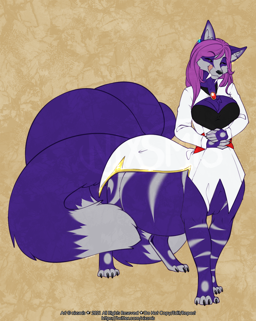 2021 4_toes 5_fingers alishka breasts clothed clothing digital_media_(artwork) feet female fingers hair hi_res multi_tail poojawa purple_hair smile solo taur toes