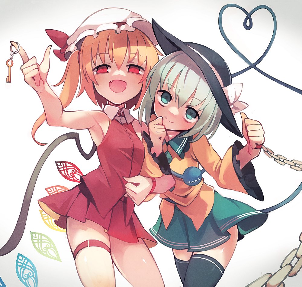 2girls bare_arms bare_shoulders black_headwear black_legwear blonde_hair bow chain closed_mouth fang flandre_scarlet fuukadia_(narcolepsy) green_eyes green_hair green_skirt grey_background half-closed_eyes hat hat_bow head_tilt heart heart_of_string holding key komeiji_koishi long_hair long_sleeves looking_at_viewer medium_hair miniskirt mob_cap multiple_girls one_side_up open_mouth pleated_skirt red_bow red_eyes red_skirt red_vest shirt skirt skirt_set sleeveless smile standing thigh_strap thighhighs touhou vest white_bow white_headwear wide_sleeves wing_collar wings wristband yellow_shirt