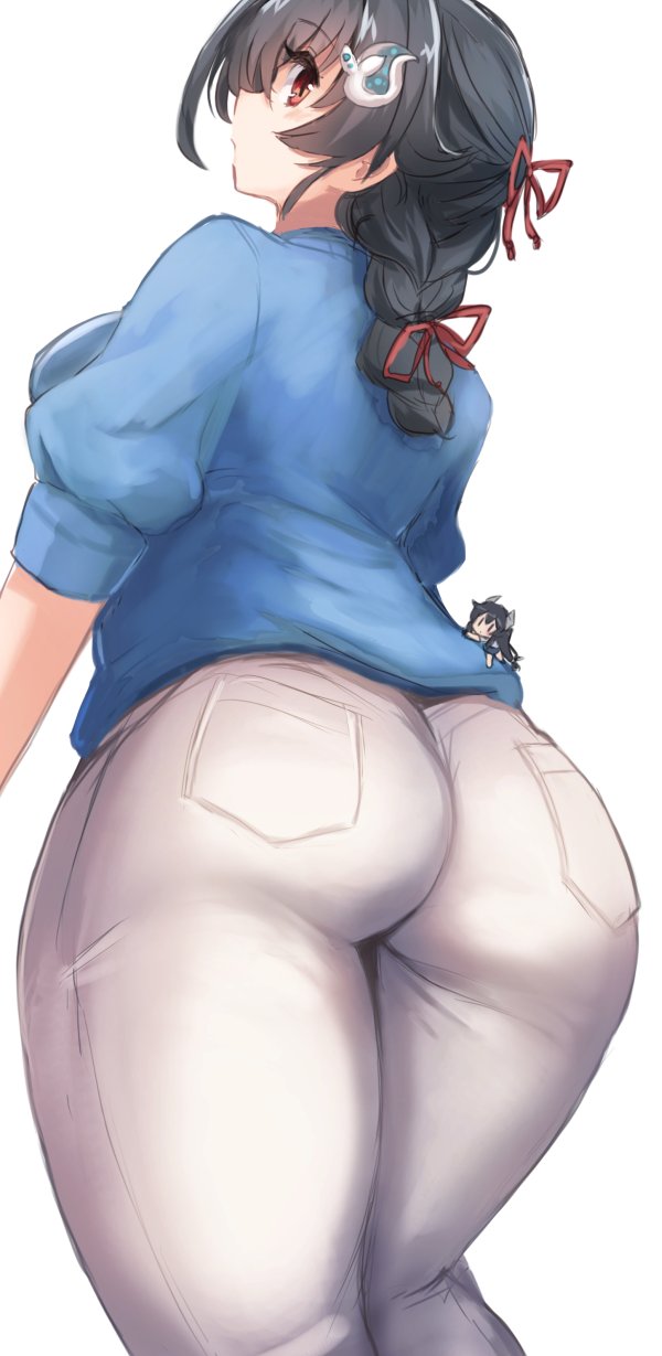 2girls arched_back ass blue_shirt breasts cowboy_shot from_behind hair_flaps hair_ornament highres jingei_(kancolle) kantai_collection large_breasts looking_back low_ponytail minigirl multiple_girls official_alternate_costume pants pocket puffy_short_sleeves puffy_sleeves red_eyes shirt short_sleeves symbol_commentary utopia whale_hair_ornament white_background white_pants