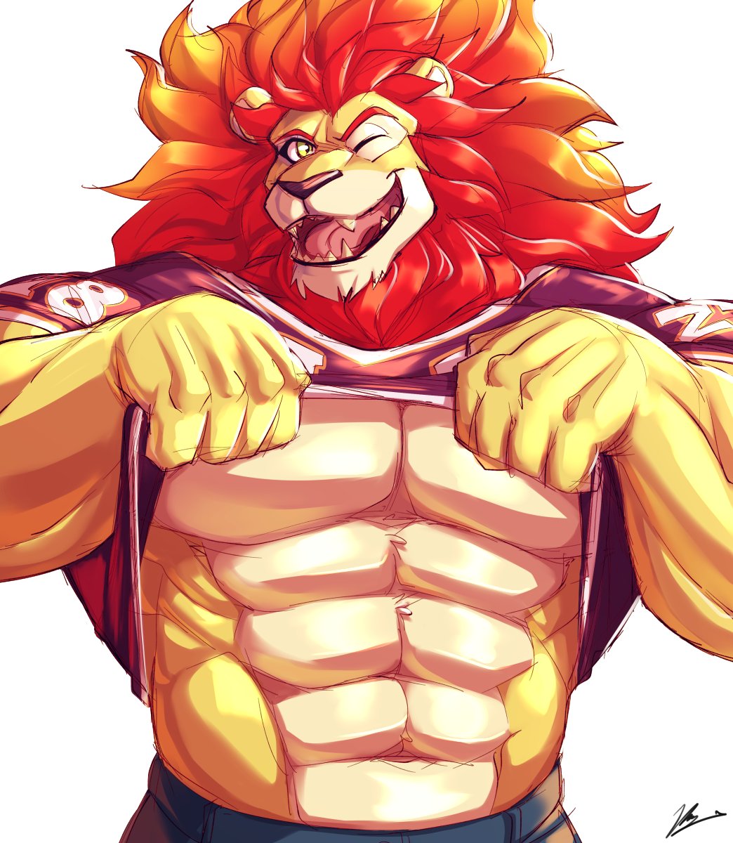 abs anthro biceps bottomwear clothed clothing felid flammars hair hi_res lion lovers_of_aether male mammal muscular muscular_anthro muscular_male one_eye_closed open_mouth pantherine pants pecs raised_clothing raised_shirt raised_topwear red_hair rivals_of_aether shirt solo teeth topwear video_games wink yongdasom zetterburn