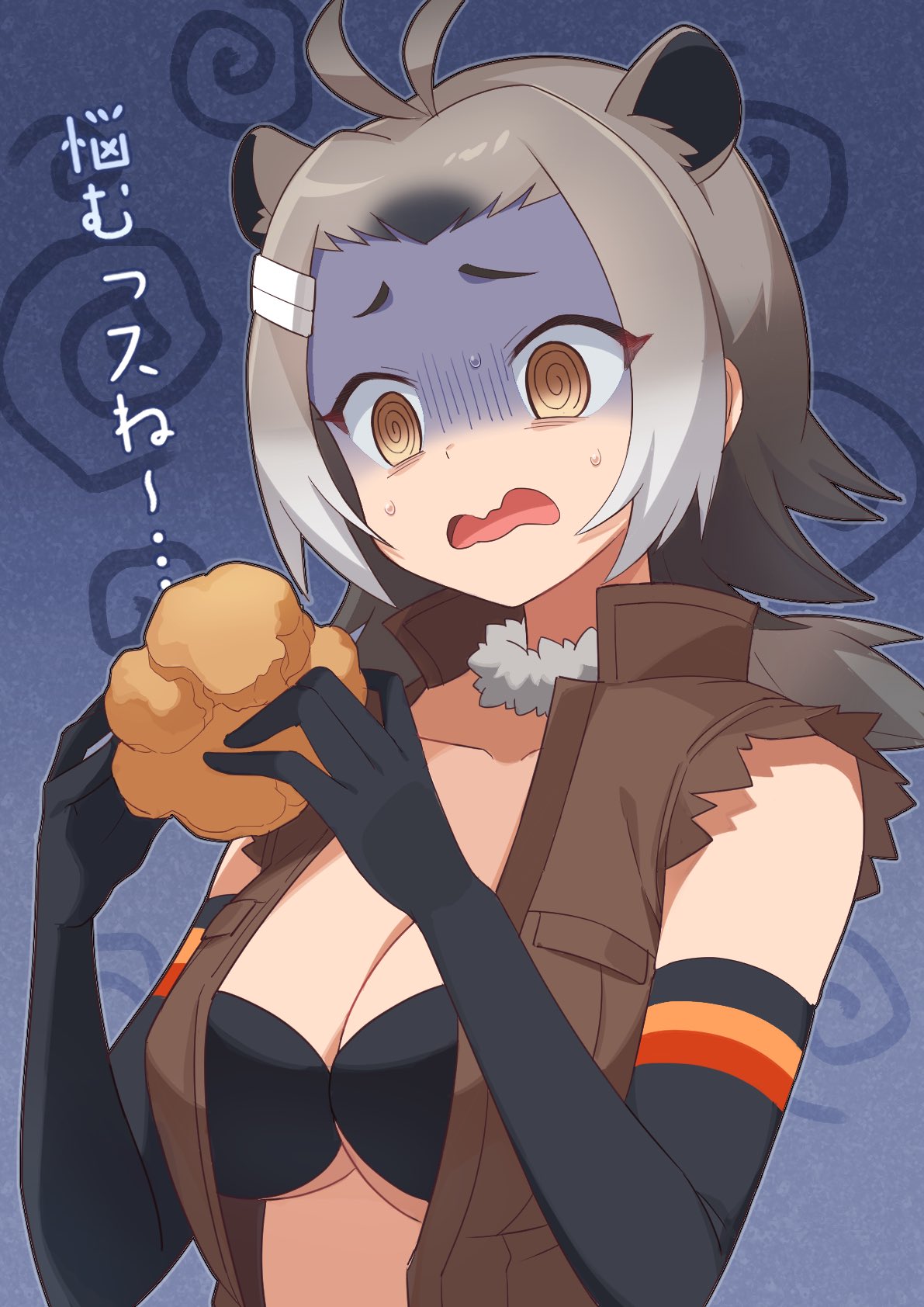 1girl @_@ american_beaver_(kemono_friends) animal_ears antenna_hair bare_shoulders beaver_ears black_hair bra breasts brown_eyes cleavage collarbone commentary_request detached_collar elbow_gloves extra_ears fur_collar furrowed_eyebrows gloom_(expression) gloves gradient_hair grey_hair hair_ornament hairclip highres holding jacket kamuraaa_615 kemono_friends large_breasts long_hair looking_at_object multicolored_hair open_clothes open_jacket open_mouth sidelocks solo stomach sweat torn_clothes torn_sleeves translation_request turn_pale underboob underwear upper_body