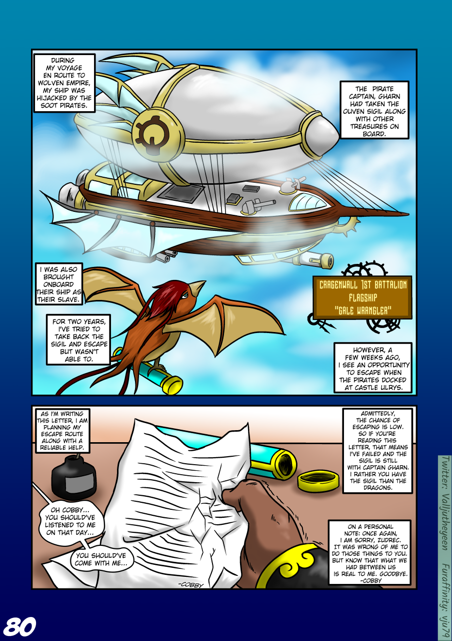 aircraft airship anthro brown_body brown_fur comic desk dialogue english_text flying fur furniture grief hi_res holding_object inkwell letter male reading sky solo steampunk text tube vju79 zudrec(vju79)