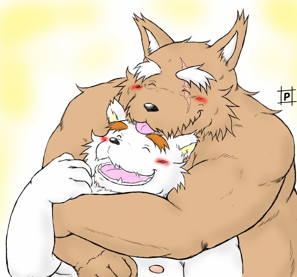 2010 anthro black_nose blush brown_body brown_fur canid canine duo fur hug hugging_from_behind kemono male male/male mammal overweight overweight_male pochizizi scar simple_background tongue tongue_out white_body white_fur