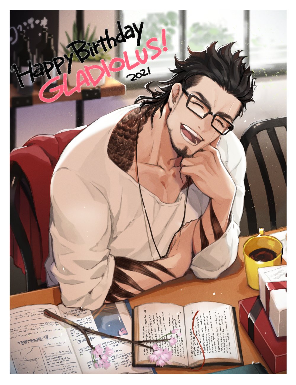 1boy 2021 alternate_costume arm_tattoo beard birthday black-framed_eyewear black_hair book box branch chair character_name closed_eyes coffee collarbone cup english_text facial_hair facing_viewer final_fantasy final_fantasy_xv flower gift gift_box gladiolus_amicitia glasses hair_slicked_back happy happy_birthday head_rest highres indoors jewelry laughing male_focus mug mullet necklace open_book open_mouth pink_flower plant potted_plant scar scar_across_eye shelf shirt sideburns sitting solo table tattoo white_shirt window yuzukarin