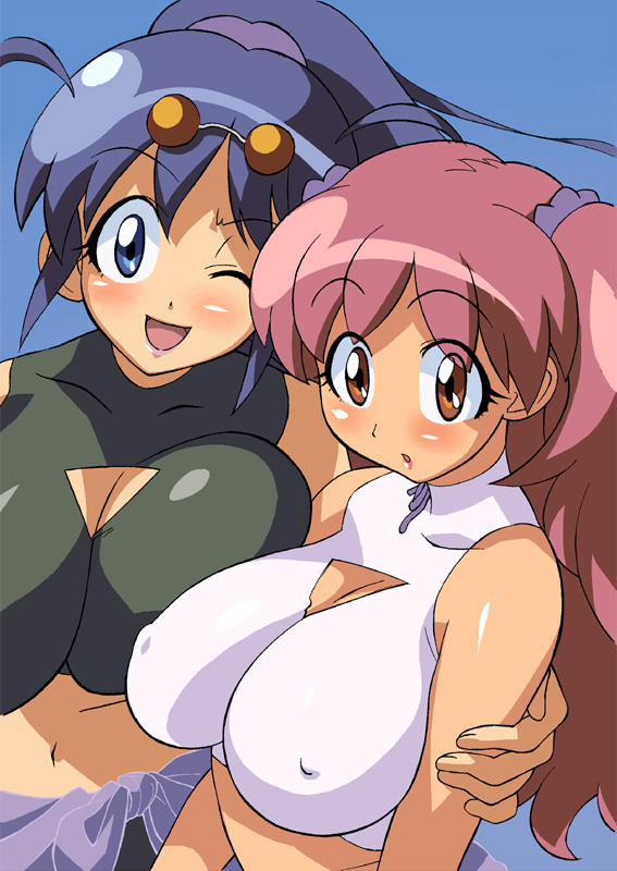:o ;d age_difference alternate_hairstyle antenna_hair arm_grab asymmetrical_docking bangs bikini black_bikini blue_background blue_eyes blue_hair blush breast_press breasts cirima cleavage cleavage_cutout covered_nipples eyewear_on_head from_side halterneck head_tilt high_ponytail hinata_aki hinata_natsumi hug huge_breasts impossible_clothes impossible_swimsuit keroro_gunsou large_breasts lipstick long_hair makeup mature mother_and_daughter multiple_girls navel older one_eye_closed open_mouth orange_eyes parted_bangs pink_hair pink_lipstick ponytail purple_sarong purple_scrunchie red_lipstick ribbon sarong scrunchie sidelocks simple_background smile sports_bikini sunglasses swimsuit turtleneck two_side_up unaligned_breasts upper_body wavy_hair white_background white_bikini white_swimsuit