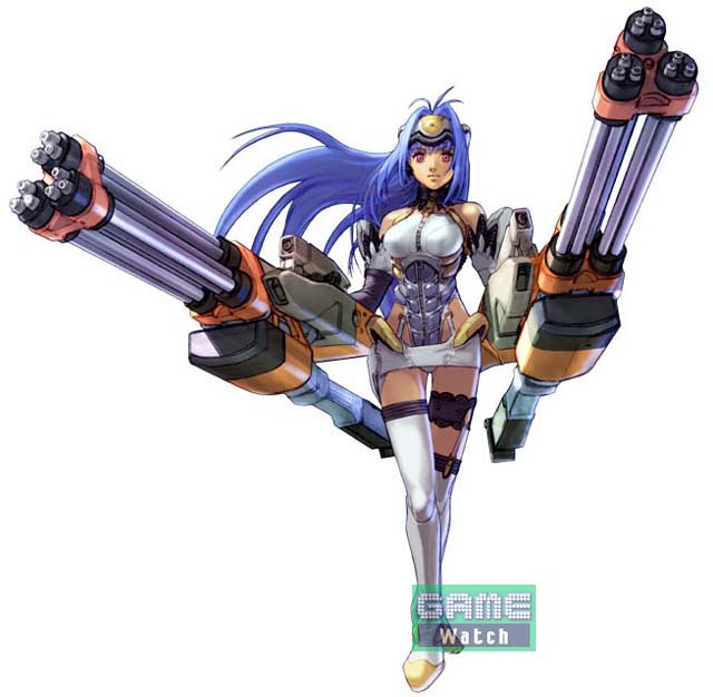 artist_request blue_hair breasts dual_wielding gatling_gun gun holding huge_weapon kos-mos large_breasts long_hair namco_x_capcom red_eyes solo thighhighs third-party_edit third-party_watermark watermark weapon white_legwear xenosaga