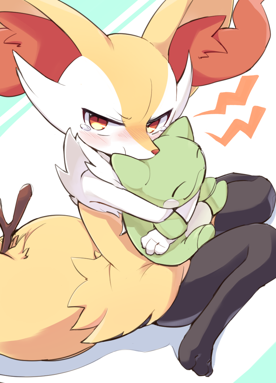 3_fingers 3_toes ambiguous_gender anthro blush bodily_fluids braixen canid canine cheek_tuft facial_tuft feet fingers fur half-closed_eyes hi_res hug inner_ear_fluff kemono looking_at_viewer mammal multicolored_body multicolored_fur narrowed_eyes nintendo plushie pok&eacute;mon pok&eacute;mon_(species) red_body red_fur solo stick syuya tears toes tuft video_games white_body white_fur yellow_body yellow_fur