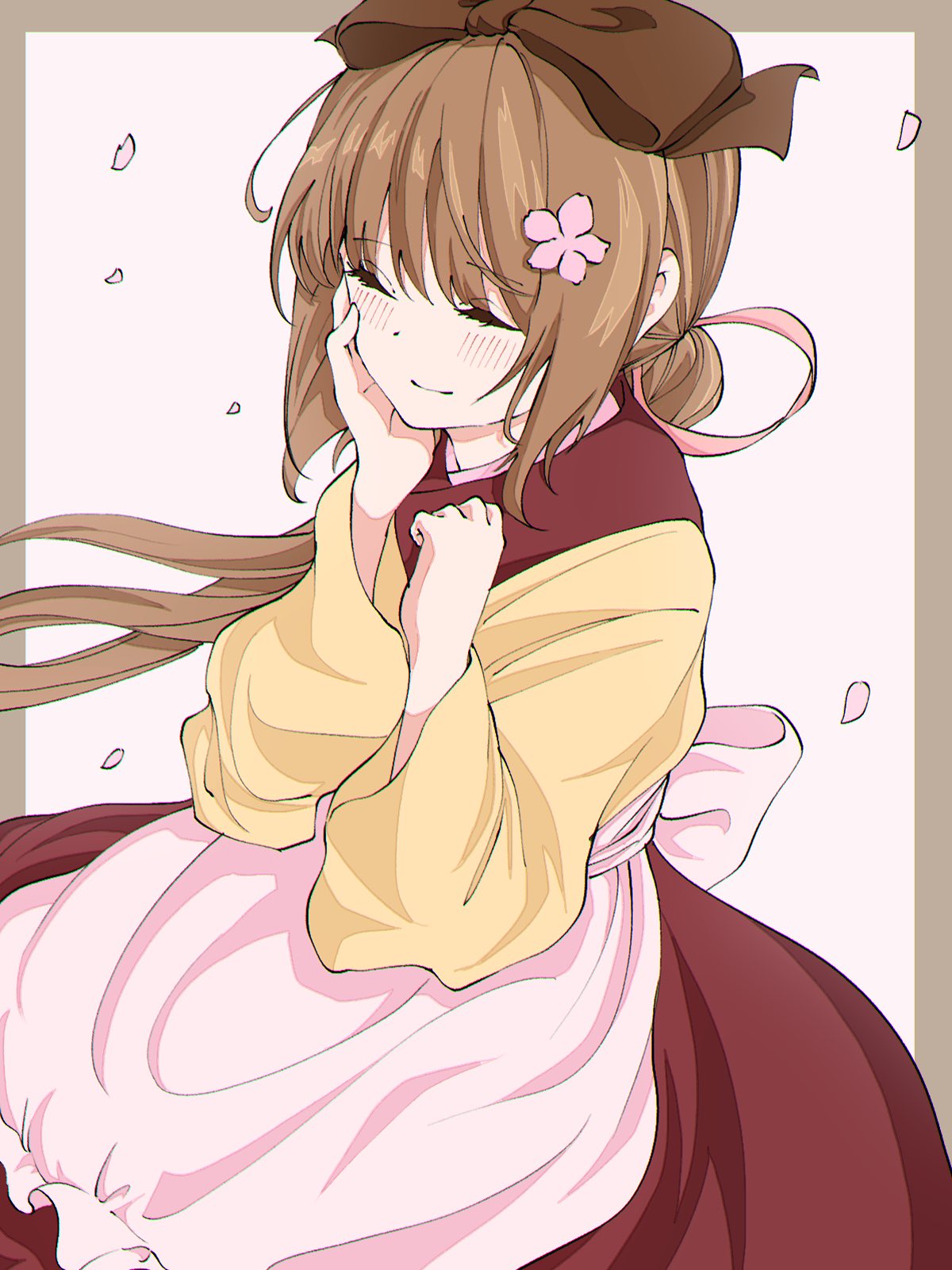 apron blush bow brown_hair cherry_blossoms closed_eyes closed_mouth cowboy_shot cropped_background flower frilled_apron frills hair_bow hair_flower hair_ornament hand_on_own_cheek hand_on_own_face highres idolmaster idolmaster_cinderella_girls japanese_clothes kimono long_sleeves petals ponytail smile suikauri2222 wide_sleeves