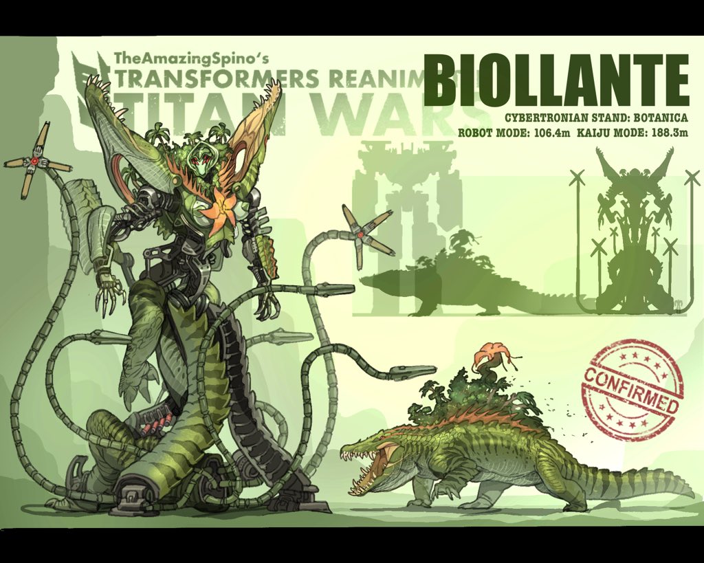 1girl biollante character_name crossover decepticon english_commentary godzilla_(series) height_difference kaijuu looking_to_the_side mecha mechanization no_humans open_hands red_eyes science_fiction tentacles theamazingspino transformers