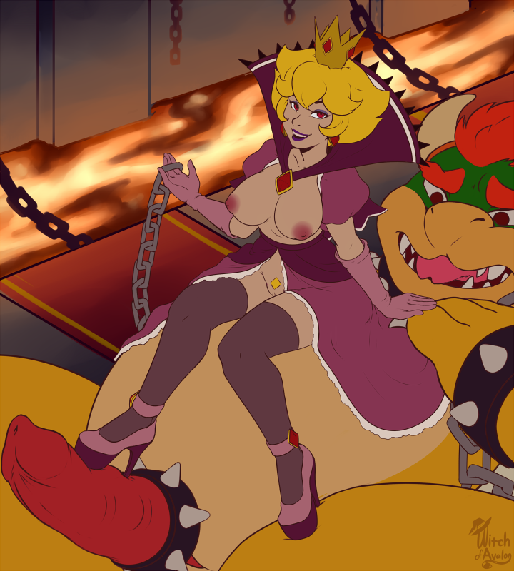 2016 accessory anthro big_breasts blonde_hair bowser breasts chain clothing cock_ring collar crown domination duo erection female female_domination female_on_top genitals gloves hair handwear horn human interspecies jewelry koopa larger_male legwear male male/female mammal mario_bros nintendo nipples nude on_top paper_mario penis penis_accessory penis_jewelry princess_peach pussy red_eyes scalie shadow_queen size_difference small_dom_big_sub smaller_female smile spikes video_games witchofavalon