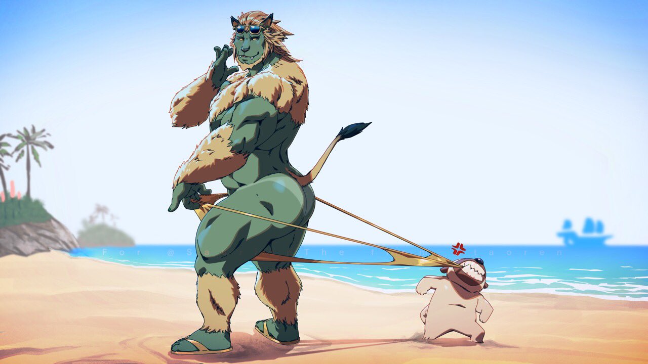2021 abs amber_eyes anthro arm_tuft back_muscles beach beard biceps big_butt blonde_hair blue_body blue_fur butt canid canine canis chest_fur chest_tuft clothed clothing clothing_pull domestic_dog duo eyewear eyewear_on_head facial_hair fangs felid final_fantasy final_fantasy_xiv footwear fur hair hrothgar leg_tuft looking_back male mammal molosser multicolored_body multicolored_fur muscular muscular_anthro muscular_male outside palm_tree pecs plant pug quads raised_tail sand sandals seaside sharp_teeth shore shoreline skimpy small_molosser speedo square_enix standing sunglasses sunglasses_on_head suntan swimwear swimwear_pull tan_body tan_fur tan_line taoren teeth toy_dog tree triceps tuft two_tone_body two_tone_fur video_games water