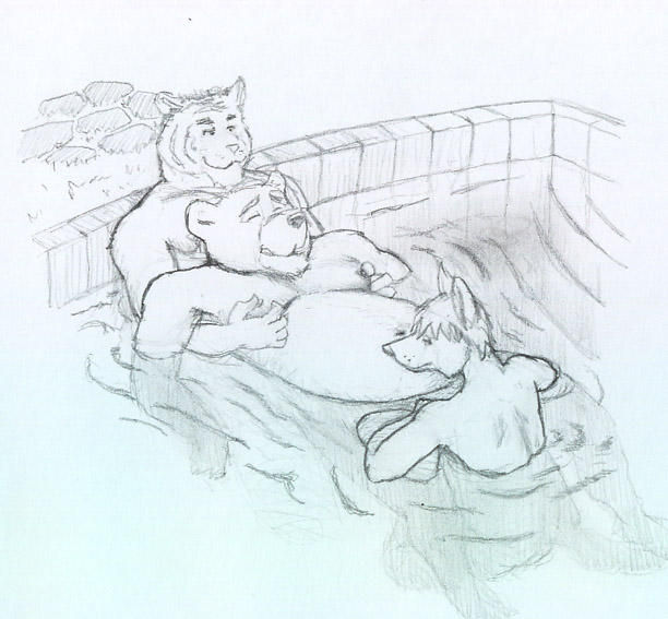 2007 anthro bathing canid canine canis domestic_dog duo felid male male/male mammal moobs nipples osos overweight overweight_male pantherine pool_(disambiguation) tiger traditional_media_(artwork)