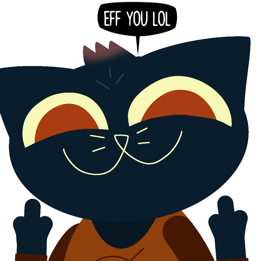 1:1 alpha_channel anthro clothing dark_blue_fur dialogue domestic_cat dyed-hair felid feline felis female female/female jaziferret mae_borowski mammal night_in_the_woods orange_clothing orange_eyes orange_shirt orange_topwear shirt solo speech_bubble topwear trolling video_games