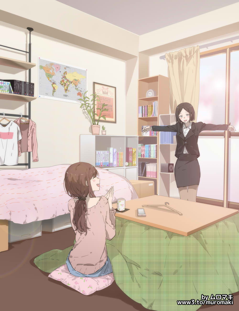 2girls aran_sweater artist_name bangs bed bedroom black_skirt blanket blush bob_cut book bookshelf box cardboard_box cd clapping clock closed_eyes clothes clothes_hanger cup curtains formal highres indoors kotatsu looking_at_another low_ponytail map multiple_girls muromaki office_lady original pantyhose parted_bangs phone pillow pink_sweater plant poster_(object) potted_plant shirt short_hair skirt skirt_suit sliding_doors smile suit sweater table teacup watermark web_address white_shirt window world_map