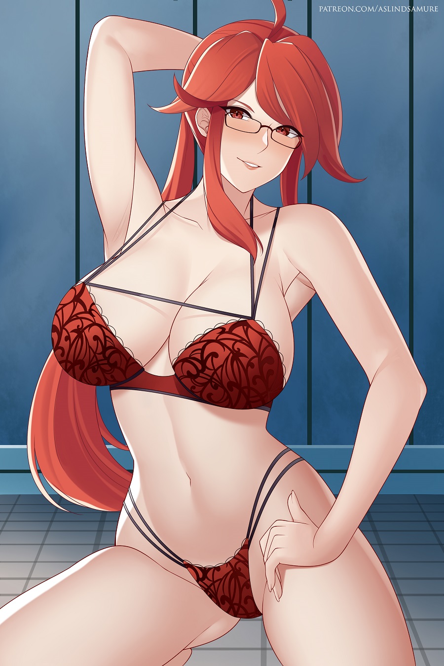 1girl ahoge arm_behind_head armpits aslindsamure banned_artist black-framed_eyewear blush bra breasts cleavage collarbone commentary english_commentary glasses hand_on_own_thigh highres kneeling long_hair looking_at_viewer lorelei_(pokemon) navel panties parted_lips pokemon pokemon_(game) ponytail red_bra red_eyes red_hair red_panties sidelocks smile solo underwear watermark web_address