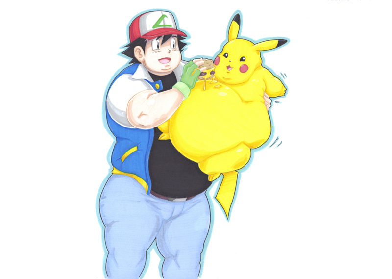 ash_ketchum belly black_hair burger clothing colored duo feral food fur hair hat headgear headwear human humanoid male mammal nintendo obese obese_male overweight overweight_male pikachu pok&eacute;mon pok&eacute;mon_(species) prisonsuit-rabbitman video_games yellow_body yellow_fur