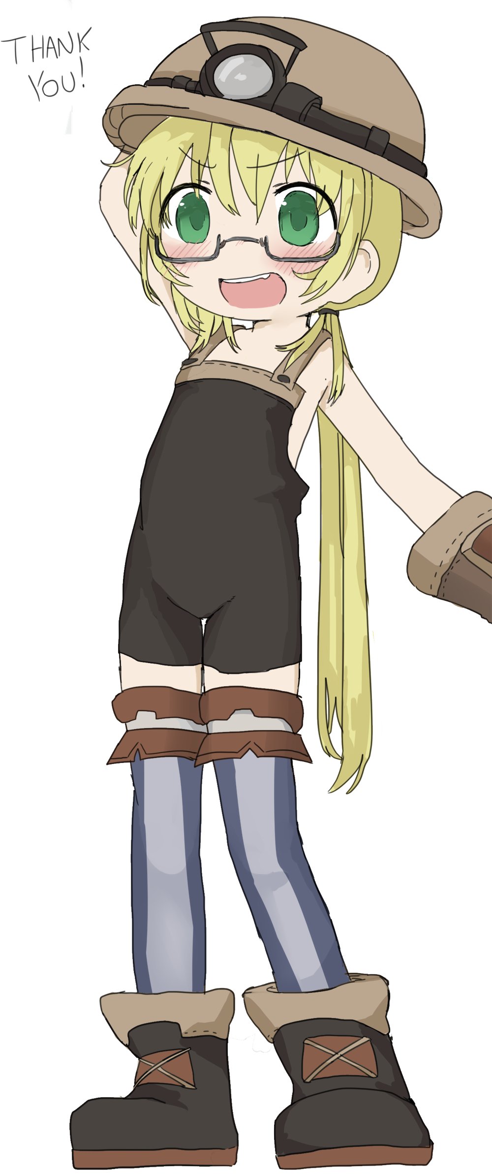 1girl :d blonde_hair blush boots commission eyebrows_visible_through_hair glasses green_eyes headlamp helmet highres long_hair looking_at_viewer made_in_abyss open_mouth overall_shorts riko_(made_in_abyss) sleeveless smile solo vreparty