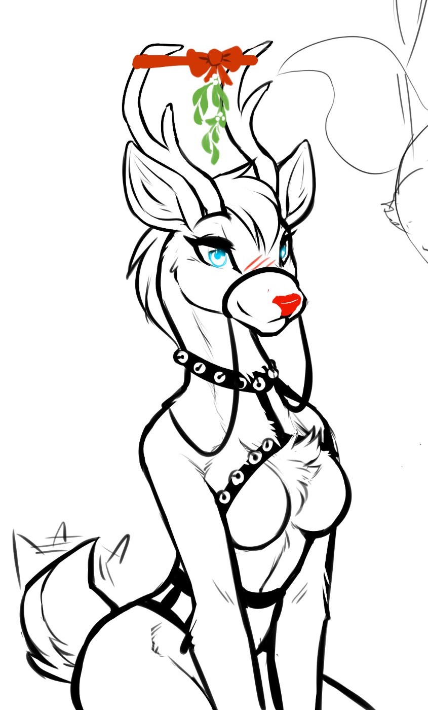 anthro antlers blue_eyes blush breasts capreoline cervid chest_tuft christmas conditional_dnp excited featureless_breasts female fur hi_res holidays horn mammal mistletoe nude plant red_nose reindeer simple_background solo tailwag tom_fischbach tuft white_background white_body white_fur