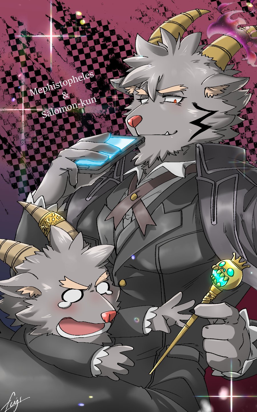 10:16 3pdta anthro black_body black_fur bovid butler caprine chibi clothing duo fur goat hi_res horn male mammal mephistopheles_(tas) salomonkun suit tokyo_afterschool_summoners video_games