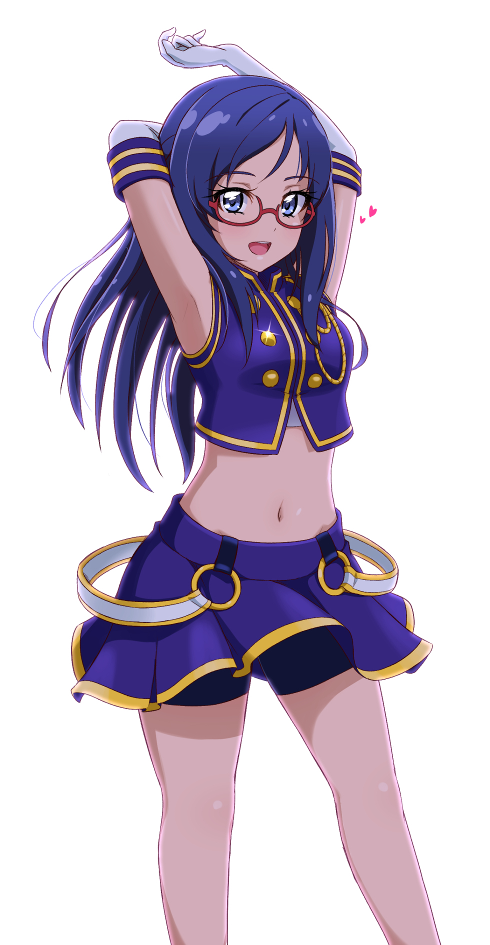 1girl :d acchi_(koiyimknp) armpits arms_up bangs bike_shorts black_shorts blue_eyes blue_hair blush crop_top dokidoki!_precure elbow_gloves glasses gloves highres hishikawa_rikka long_hair looking_at_viewer midriff miniskirt navel open_mouth parted_bangs pleated_skirt precure red-framed_eyewear semi-rimless_eyewear shiny shiny_hair shiny_skin short_shorts shorts shorts_under_skirt simple_background skirt smile solo sparkle standing stomach straight_hair under-rim_eyewear white_background white_gloves
