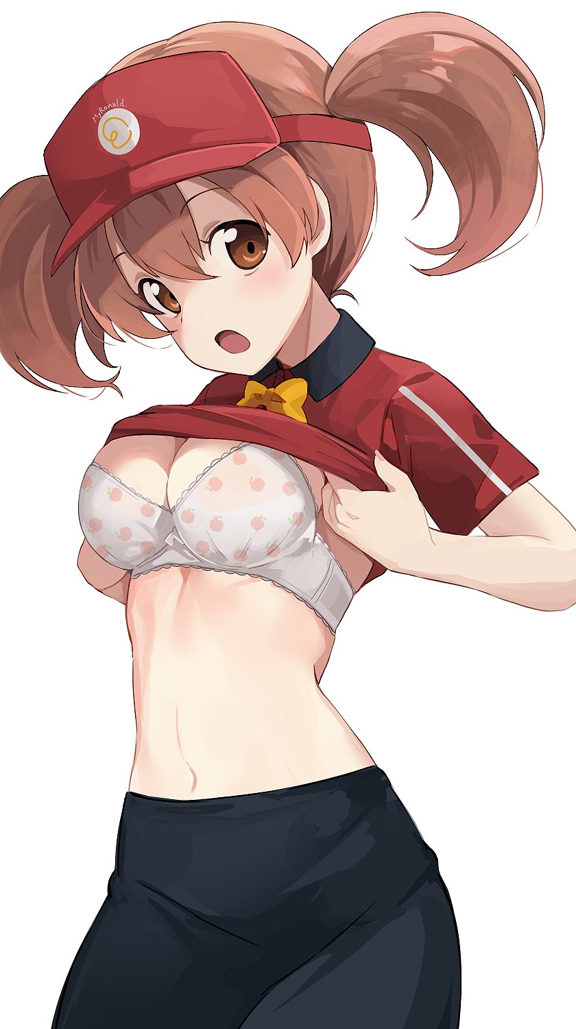 1girl bow bowtie bra breasts brown_eyes brown_hair commentary_request employee_uniform eyebrows_visible_through_hair hair_between_eyes hataraku_maou-sama! highres hiroki_(yyqw7151) lifted_by_self looking_at_viewer medium_breasts navel open_mouth polka_dot polka_dot_bra red_shirt sasaki_chiho shirt shirt_lift short_hair short_sleeves simple_background solo twintails underwear uniform visor_cap white_background white_bra yellow_neckwear