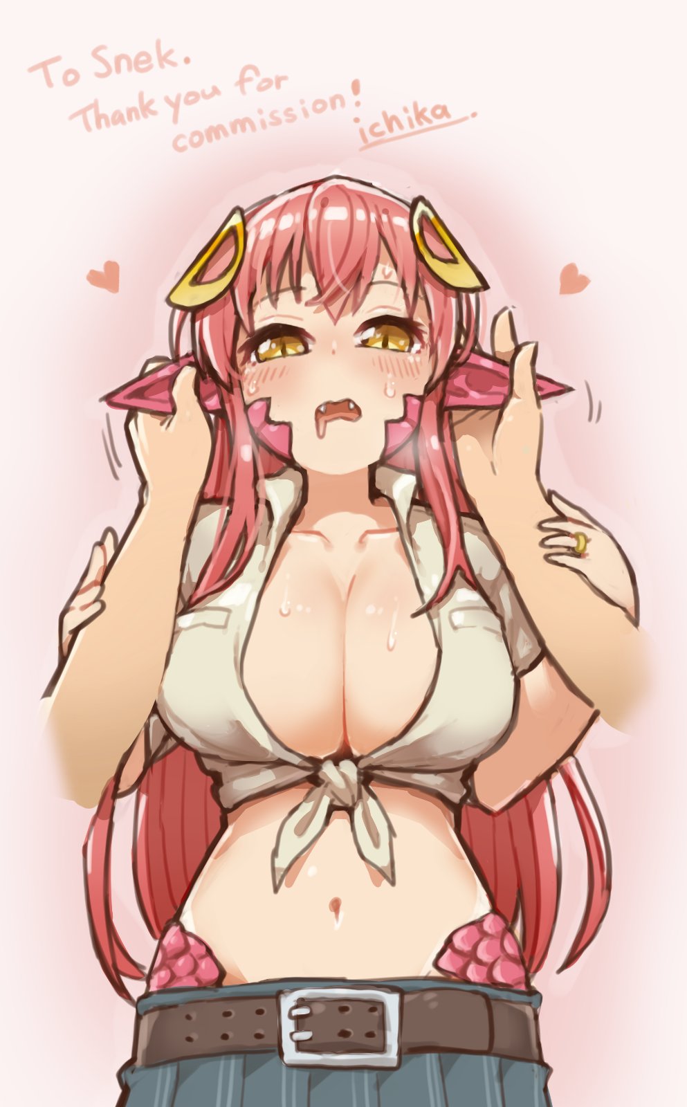 1girl belt belt_buckle blush breasts buckle collarbone commission drooling ear_grab earjob fangs hair_ornament hairclip heart highres ichika_(ichika_manga) jewelry lamia large_breasts long_hair looking_at_viewer midriff miia_(monster_musume) monster_girl monster_musume_no_iru_nichijou navel open_mouth pointy_ears pov pov_hands red_hair ring scales shirt skeb_commission skirt solo_focus sweat tied_shirt wedding_band yellow_eyes