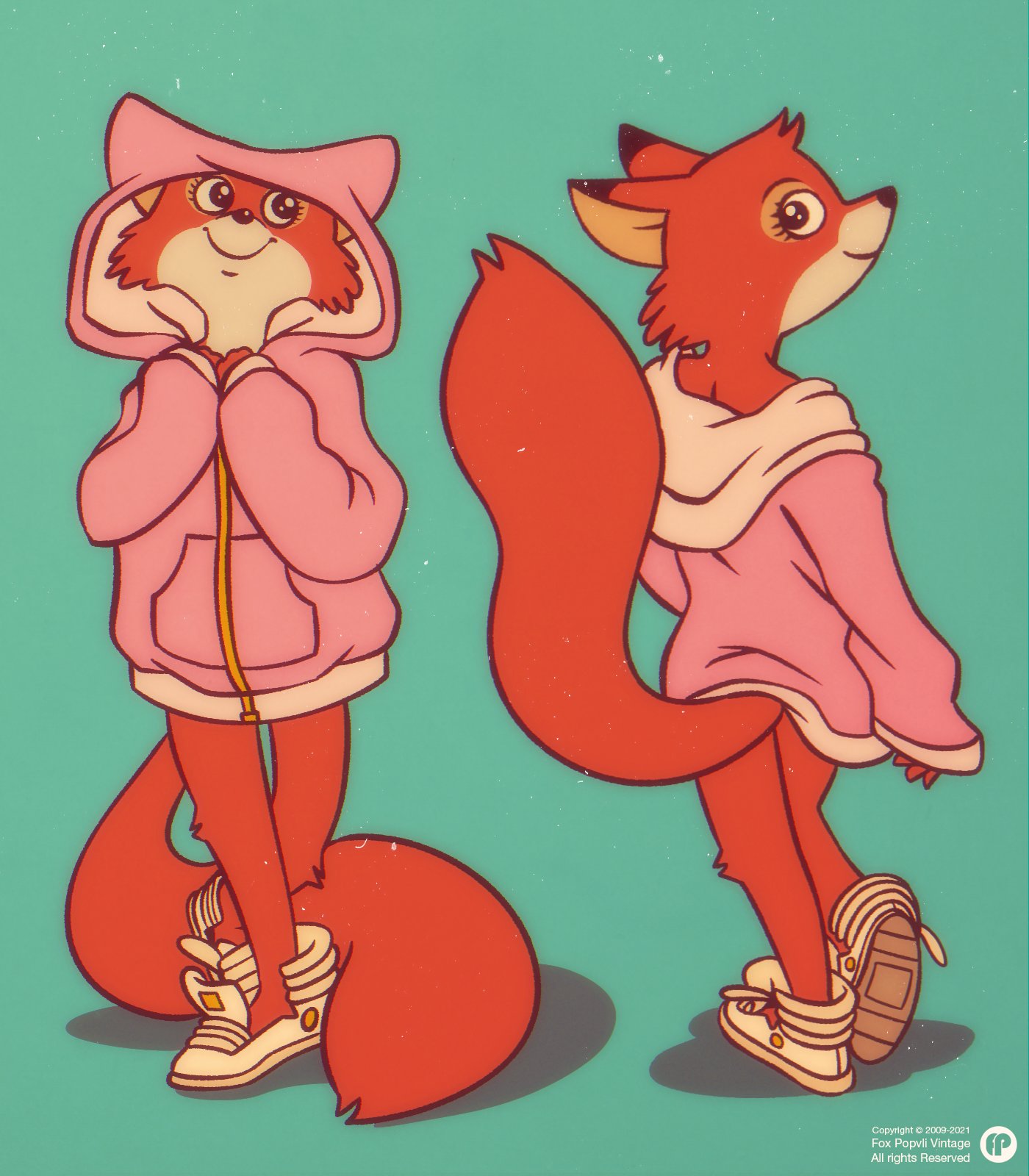 &copy; 2021 anthro baggy_clothing canid canine cheek_tuft clothing disney facial_tuft female fluffy fluffy_tail footwear fox fox-pop fur hi_res hoodie maid_marian mammal orange_body orange_fur pink_clothing pink_hoodie pink_topwear robin_hood_(disney) shoes simple_background smile solo standing symbol topwear tuft white_clothing white_footwear white_shoes
