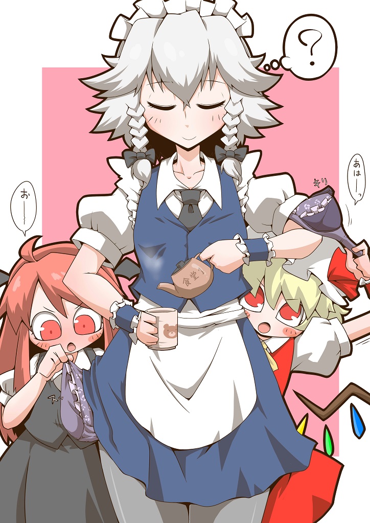 3girls :o ? ahoge ascot bangs black_ribbon black_skirt black_vest blonde_hair blue_skirt blue_vest blush blush_stickers bra braid closed_eyes closed_mouth clothes_theft commentary cup demon_wings dress_shirt eyebrows_visible_through_hair facing_viewer flandre_scarlet grey_legwear hair_between_eyes hair_ribbon hairband hat head_wings holding holding_cup holding_teapot izayoi_sakuya koakuma long_hair maid maid_headdress miniskirt mob_cap motion_lines multiple_girls necktie no_nose panties pantyhose pouring puffy_short_sleeves puffy_sleeves purple_bra purple_panties red_eyes red_hairband red_sky red_vest ribbon shirt short_hair short_sleeves skirt skirt_set sky smile spoken_question_mark standing steam teapot theft thought_bubble touhou translated tress_ribbon twin_braids underwear underwear_theft v-shaped_eyebrows vest white_hairband white_headwear white_shirt wing_collar wings younger yunomi zannen_na_hito