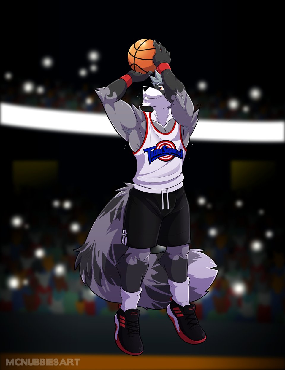 2021 anthro ball basketball basketball_(ball) bottomwear brandon_(rxccoon) clothed clothing english_text footwear hair hi_res jumping male mammal mcnubbies muscular muscular_anthro muscular_male procyonid public raccoon shirt shoes shorts socks solo space_jam sport stadium tank_top text text_on_clothing text_on_shirt text_on_tank_top text_on_topwear topwear warner_brothers wristband