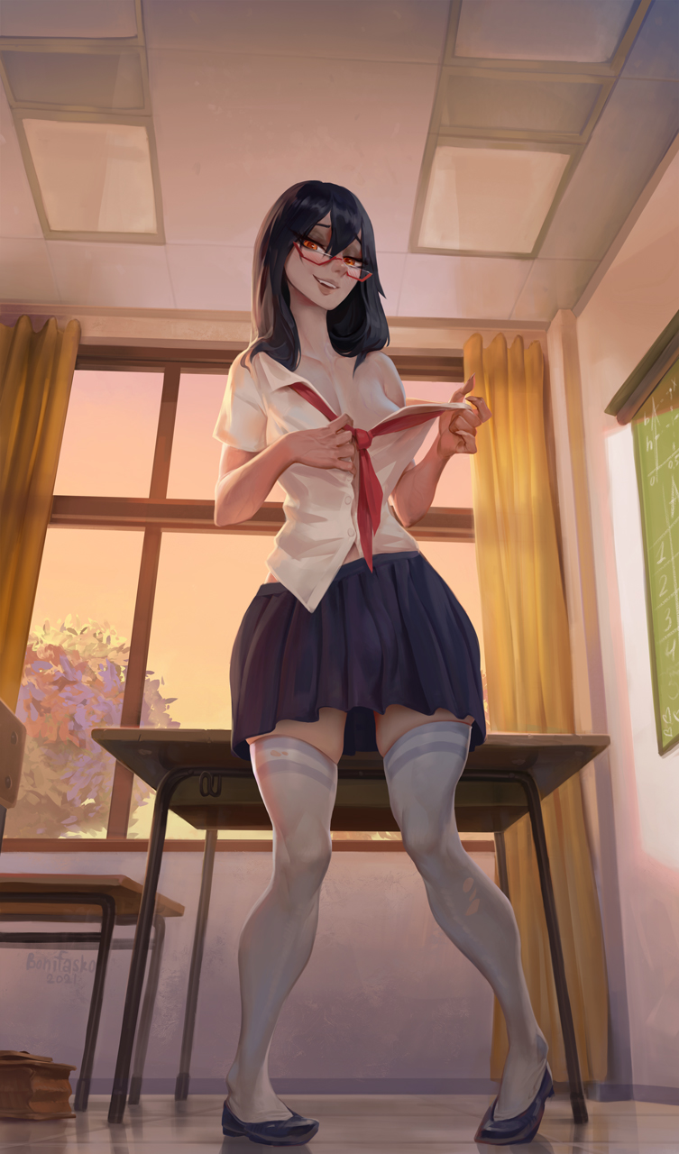 bonifasko bottomwear bulge clothing desk eyewear footwear furniture glasses gynomorph hi_res human intersex legwear mammal necktie red_eyes school_uniform shirt shoes skirt solo standing teeth thigh_highs topwear uniform