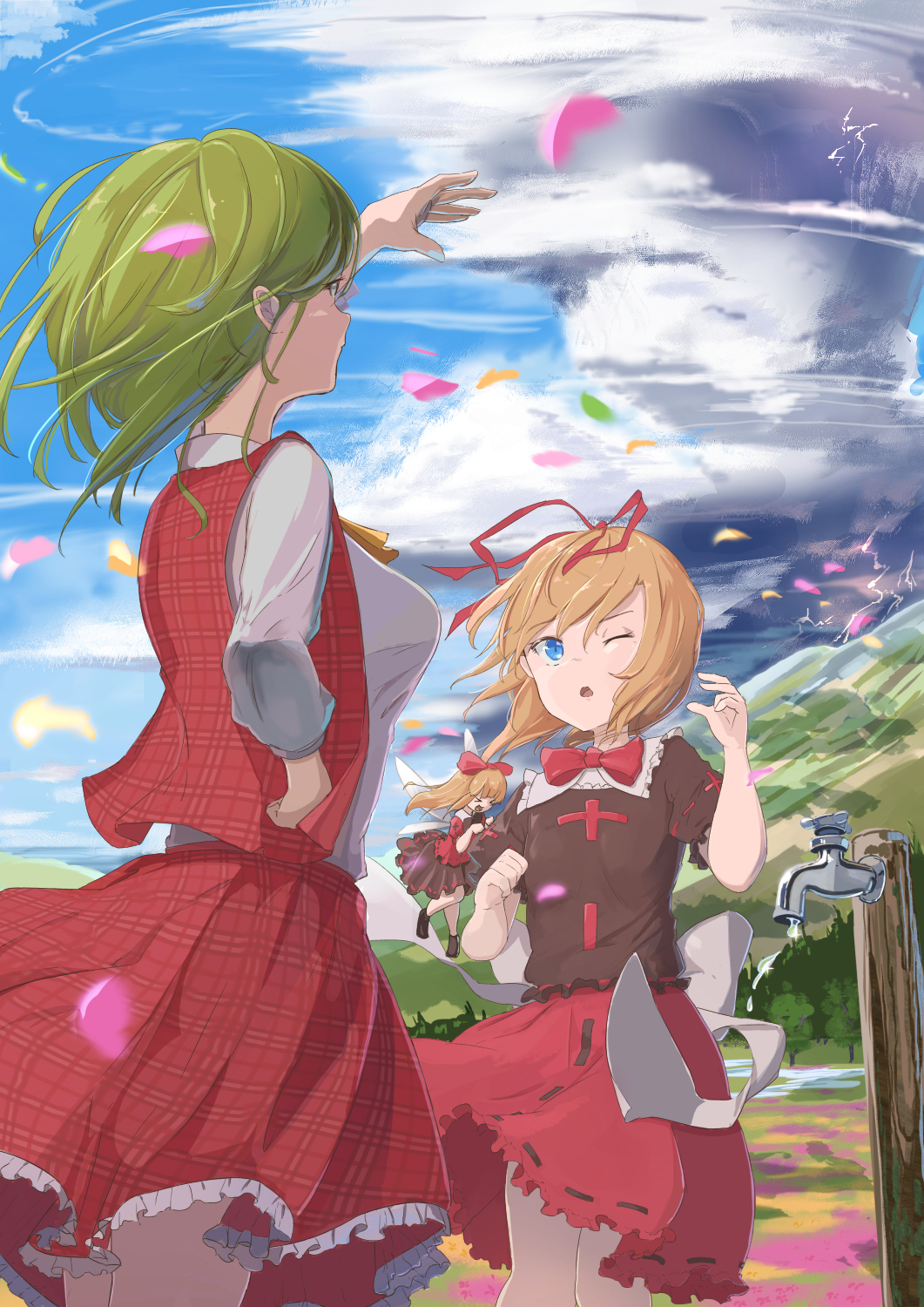 &gt;_&lt; 2girls arm_up ascot black_ribbon blonde_hair blue_sky bow bowtie brown_footwear brown_shirt brown_skirt closed_eyes cloud collared_shirt commentary_request day dripping fairy_wings faucet forest frilled_skirt frills green_hair hair_ribbon hand_on_hip highres holding_on kazami_yuuka lightning long_sleeves looking_afar looking_up medicine_melancholy mountain multiple_girls nature one_eye_closed open_mouth outdoors petals plaid plaid_skirt plaid_vest puffy_short_sleeves puffy_sleeves red_neckwear red_ribbon red_shirt red_skirt red_vest ribbon ribbon-trimmed_shirt ribbon-trimmed_skirt ribbon_trim shirt short_hair short_sleeves skirt sky standing storm su-san takeyoshi_(albizia) thighs tornado touhou tree vest water white_shirt wind wings yellow_neckwear