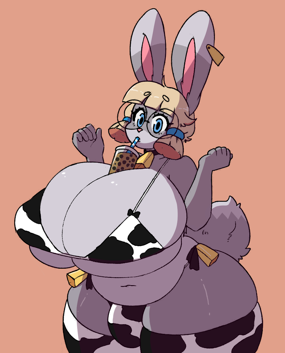 animal_print anthro between_breasts big_breasts breasts bulge cleavage clothed clothing cow_print drinking eyewear glasses gynomorph hi_res huge_breasts hyper hyper_breasts intersex jinx_doodle lagomorph leporid mammal overweight rabbit solo tea_(teabunni) teabunni thick_thighs