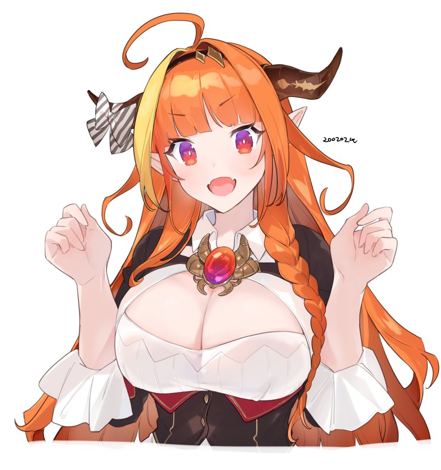1girl ahoge bangs black_hairband black_jacket blonde_hair blunt_bangs bow braid breasts bright_pupils brooch cleavage cleavage_cutout clothing_cutout collared_shirt cropped_torso dated diagonal-striped_bow dragon_girl dragon_horns eyebrows_visible_through_hair fangs gem gradient_eyes hair_intakes hairband hands_up highlights hololive horn_bow horns jacket jewelry kiryu_coco large_breasts light_blush long_hair looking_at_viewer multicolored multicolored_eyes multicolored_hair open_mouth orange_hair pointy_ears purple_eyes red_eyes shirt side_braid sidelocks simple_background single_braid skin_fangs solo streaked_hair striped striped_bow upper_body virtual_youtuber white_background white_pupils white_shirt yuuhi_homare