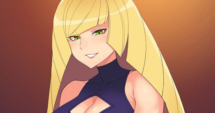 1girl alternate_costume bare_arms blonde_hair breasts cleavage cleavage_cutout clothing_cutout commentary_request covered_collarbone eyelashes green_eyes hwa_na_jung korean_commentary long_hair looking_at_viewer lusamine_(pokemon) mature parted_lips pokemon pokemon_(game) pokemon_sm shiny shiny_hair sleeveless smile solo turtleneck upper_body