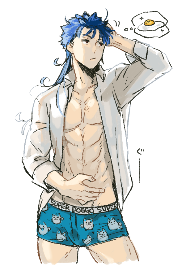 1boy abs alternate_costume alternate_hairstyle blue_hair boxer_briefs closed_mouth collarbone collared_shirt cowboy_shot cu_chulainn_(fate)_(all) earrings fate/stay_night fate_(series) fried_egg jewelry lancer long_hair long_sleeves looking_to_the_side male_focus male_underwear messy_hair muscular muscular_male open_clothes open_shirt red_eyes shibanui shirt simple_background solo spiked_hair thought_bubble underwear white_background