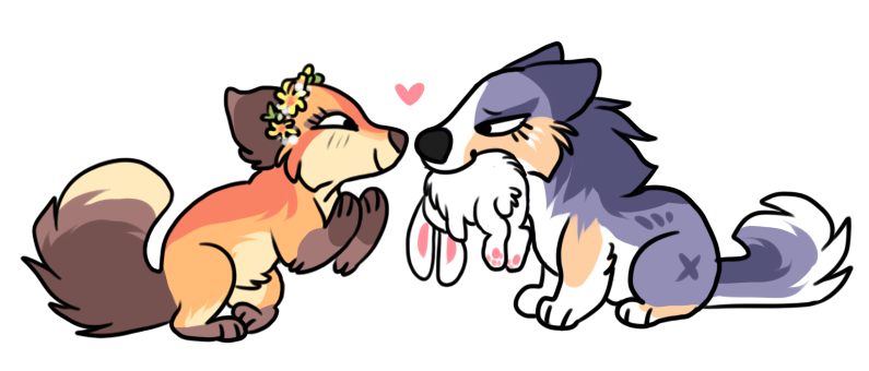 &lt;3 affectionate black_nose brown_ears brown_nose brown_tail canid canine canis cheek_markings chibi death duo ears_back eye_contact eye_markings eyelashes female female/female feral flower flower_crown fluffy fluffy_tail fox full-length_portrait fur gift half-closed_eyes happy holding_animal holding_body holding_in_mouth jenna_(jenafterdark) looking_at_another love mammal markings mouth_hold narrowed_eyes neck_tuft nekoshiba orange_body orange_fur pivoted_ears plant portrait prey purple_body purple_fur romantic_couple side_view simple_background smile tan_body tan_fur tuft white_body white_fur wolf x_marking