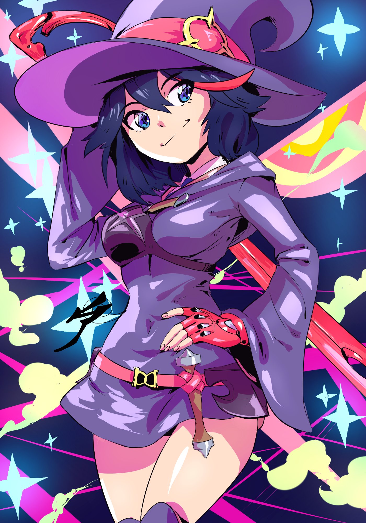 1girl aetherion belt black_hair blue_eyes breasts commentary company_connection cosplay covered_navel dress fingerless_gloves gloves hair_between_eyes hand_on_hip hat highres hood hood_down kill_la_kill legs_together light_smile little_witch_academia long_sleeves luna_nova_school_uniform matoi_ryuuko medium_breasts muneate over-kneehighs over_shoulder red_gloves school_uniform scissor_blade senketsu short_dress single_glove solo standing symbol-shaped_pupils thighhighs thighs trigger_(company) wand weapon weapon_over_shoulder witch_hat