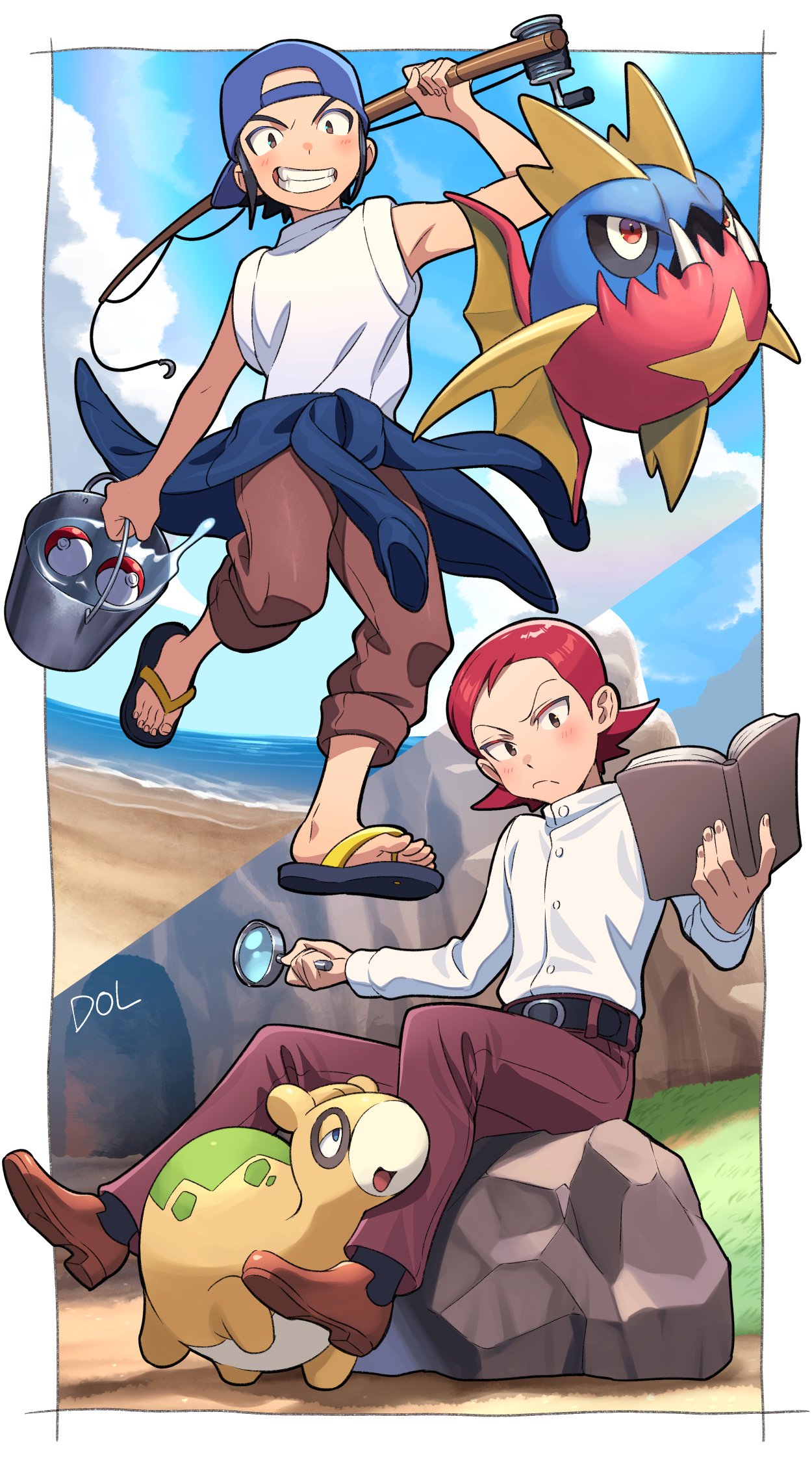 2boys archie_(pokemon) backwards_hat bangs baseball_cap belt black_belt black_hair black_legwear blue_headwear blush book border brown_footwear brown_pants bucket buttons carvanha clenched_teeth closed_mouth clothes_around_waist commentary_request dolustoy fishing_rod flip-flops frown gen_3_pokemon grass hat highres holding holding_book holding_fishing_rod holding_magnifying_glass long_sleeves male_focus maxie_(pokemon) multiple_boys numel outside_border pants poke_ball poke_ball_(basic) pokemon pokemon_(creature) pokemon_(game) pokemon_rse red_hair red_pants rock sand sandals shiny shiny_hair shirt shoes shore sitting sleeveless sleeveless_shirt smile socks teeth toes v-shaped_eyebrows water white_border white_shirt younger