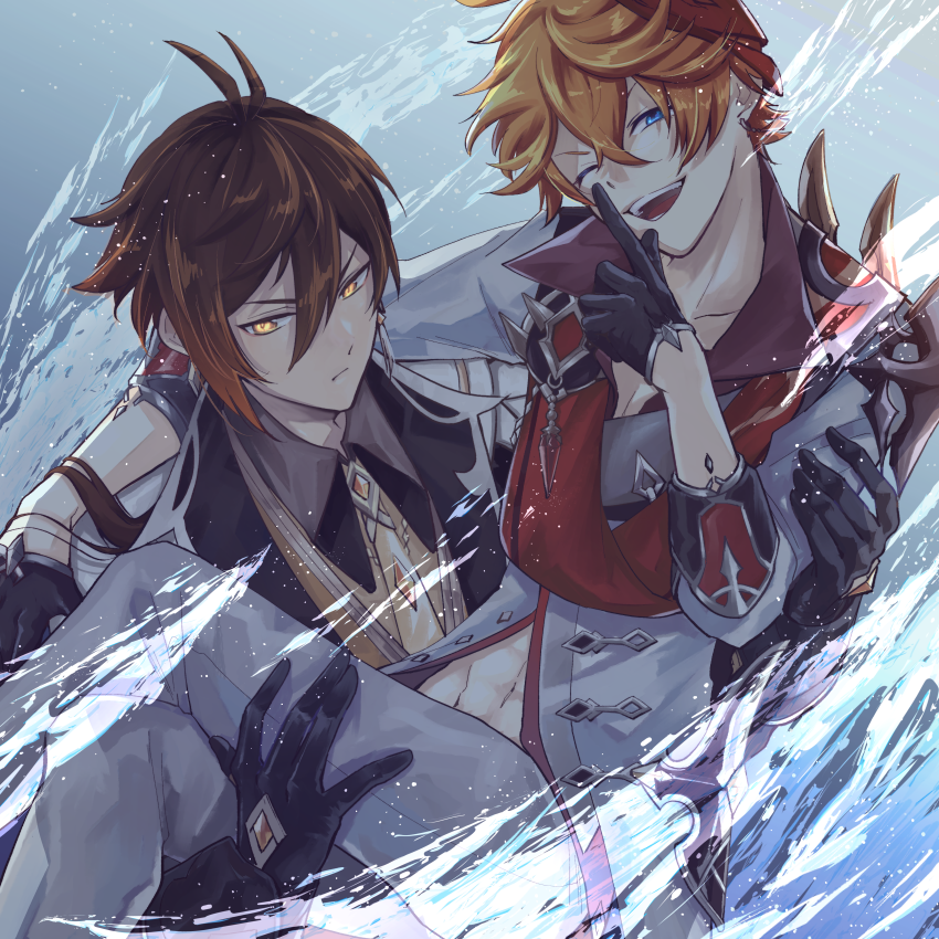 2boys antenna_hair bangs black_gloves blue_eyes brown_eyes carrying closed_mouth genshin_impact gloves hair_between_eyes index_finger_raised jacket jewelry long_hair long_sleeves male_focus mask mask_on_head multiple_boys one_eye_closed open_mouth orange_hair panmts princess_carry red_scarf scarf single_earring sio_genshin tartaglia_(genshin_impact) yellow_eyes zhongli_(genshin_impact)