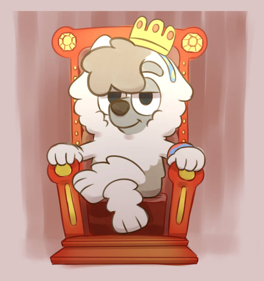 accessory anthro bluey_(show) bracelet canid canine canis chair crown domestic_dog female furniture gem hair_accessory hairband half-closed_eyes japanese_spitz jewelry judo_(bluey) looking_at_viewer mammal narrowed_eyes polygon5 queen royalty sitting smile solo spitz throne
