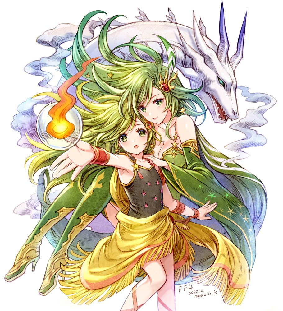 2020 2girls amazio_komeko armpits black_leotard boots bracer breasts cleavage dated detached_sleeves dragon dual_persona feathers final_fantasy final_fantasy_iv fire green_eyes green_footwear green_hair green_legwear green_leotard green_sleeves hair_ornament hand_on_another's_shoulder high_heels leotard long_hair magic mist_dragon multiple_girls outstretched_arm rydia sarong thigh_boots thighhighs time_paradox yellow_sarong