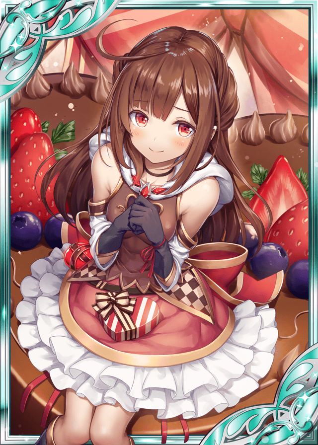 1girl akkijin arm_warmers bare_shoulders black_gloves blueberry box breasts brown_dress brown_hair brown_ribbon cake dress food frilled_dress frills fruit giant_food gift gift_box gloves heart looking_at_viewer medium_breasts medium_hair official_art pointy_ears red_eyes red_ribbon ribbed_dress ribbon shinkai_no_valkyrie sitting strawberry striped striped_ribbon valentine