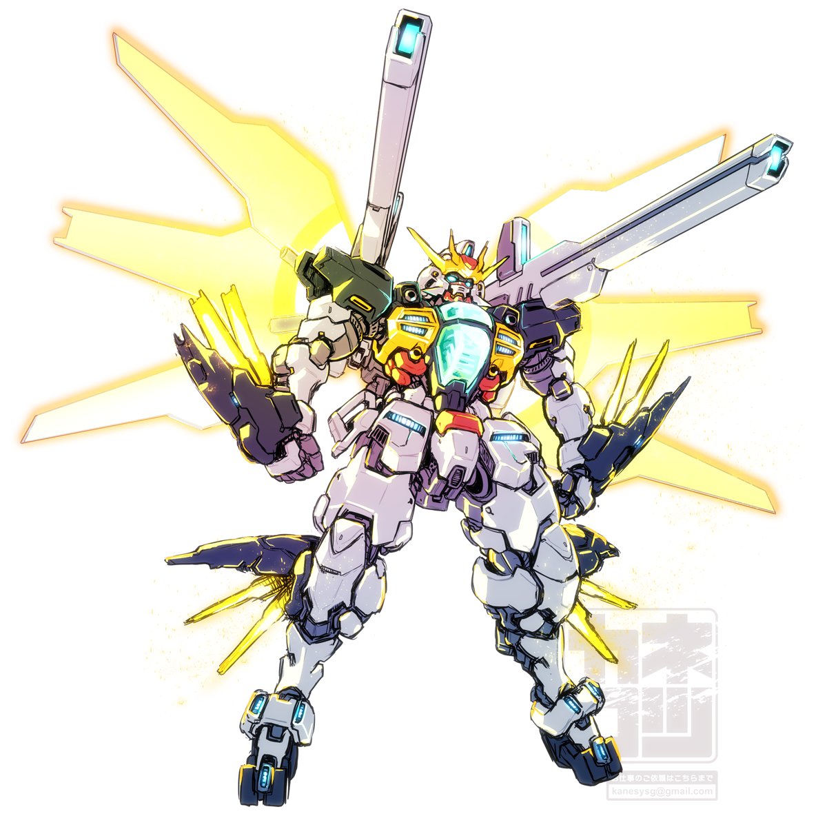 after_war_gundam_x blue_eyes clenched_hands glowing glowing_wings gundam gundam_double_x highres kaneko_tsukasa mecha mechanical_wings mobile_suit no_humans science_fiction shoulder_cannon solo v-fin white_background wings