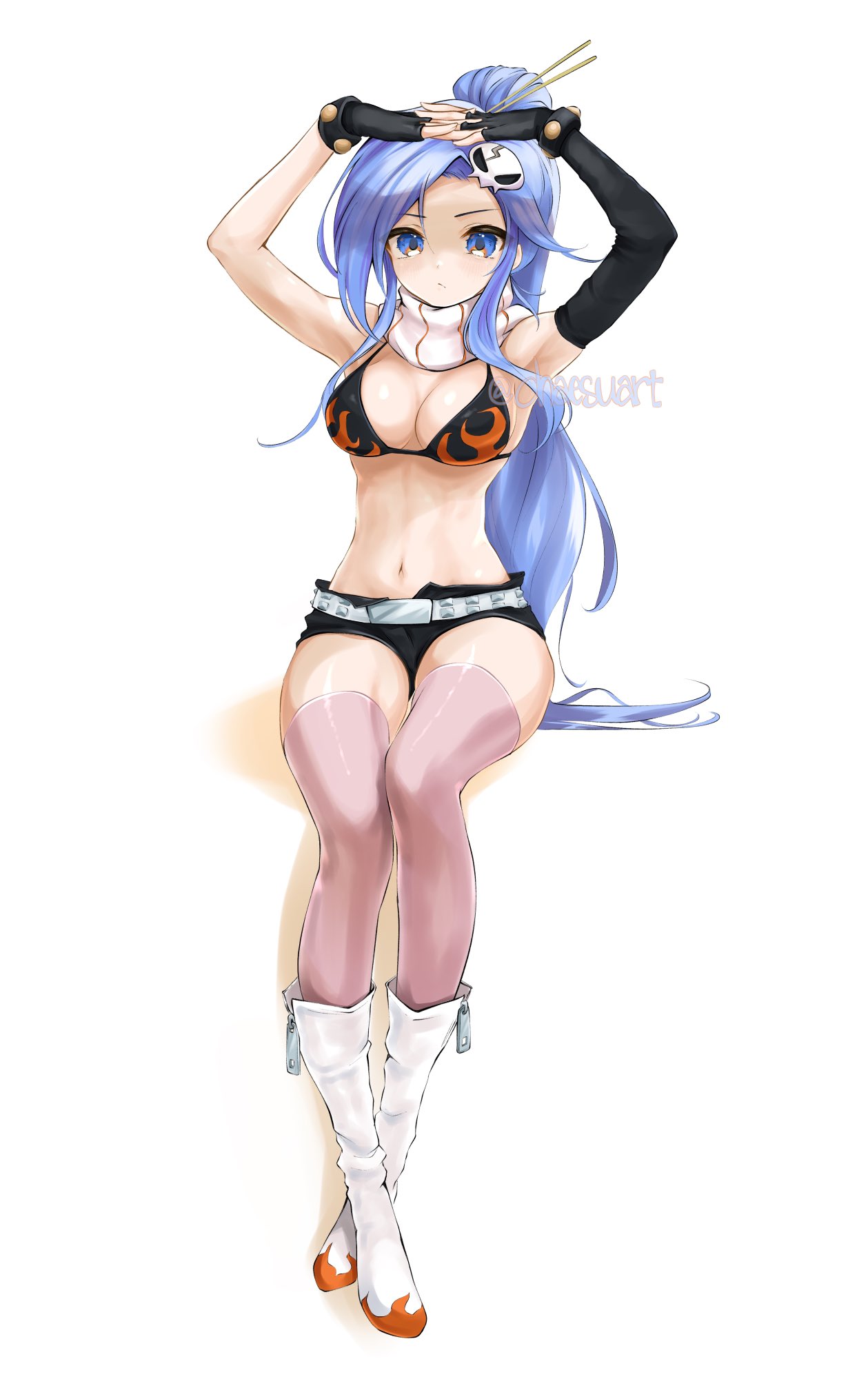 1girl armpits arms_up asymmetrical_gloves banned_artist bare_shoulders belt bikini bikini_top black_bikini black_gloves black_shorts blue_eyes blue_hair boots breasts chaesu cleavage cosplay fingerless_gloves flame_print full_body gloves hair_ornament hairpin highres knee_boots large_breasts long_hair looking_at_viewer minah_(chaesu) navel original pink_legwear ponytail scarf short_shorts shorts simple_background sitting solo stomach swimsuit tengen_toppa_gurren_lagann thighhighs thighs very_long_hair white_background white_footwear yoko_littner yoko_littner_(cosplay)