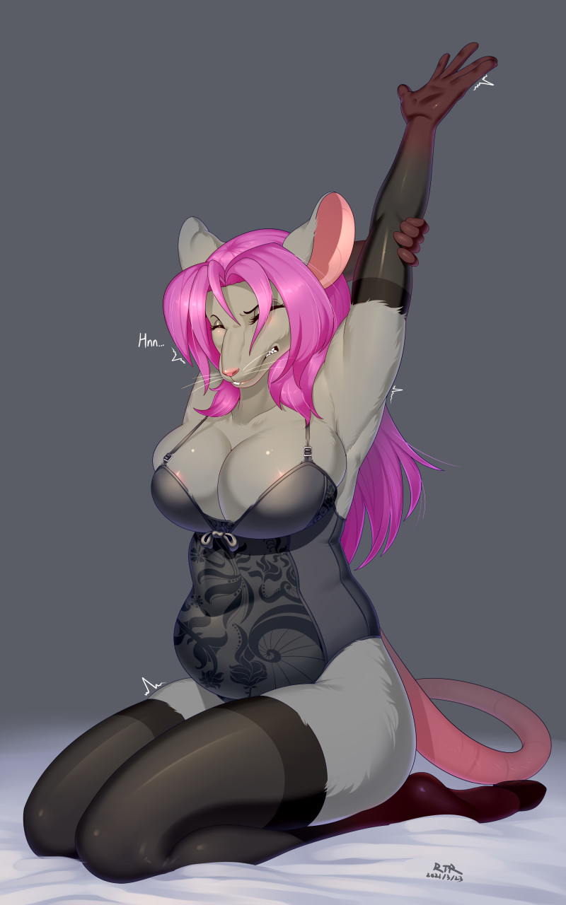 10:16 anthro areola arms_above_head big_breasts breasts cleavage clothed clothing eyes_closed female fur grey_body grey_fur hair hi_res kneeling leggings legwear lingerie mammal murid murine pink_hair rat renatetherat renatii rodent solo stretching teddy_(clothing) thigh_highs whiskers