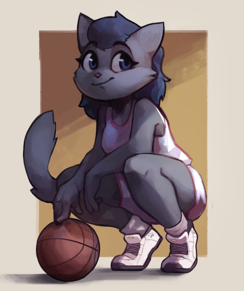 2020 alina_scratch anthro ball basketball_(ball) blue_body blue_eyes blue_fur blue_hair bottomwear capt_spacecat cheek_tuft clothing crouching domestic_cat facial_tuft felid feline felis female footwear fur hair mammal russian_blue shirt shoes shorts smile socks solo sportswear tank_top topwear tuft white_bottomwear white_clothing white_shirt white_shorts white_tank_top white_topwear