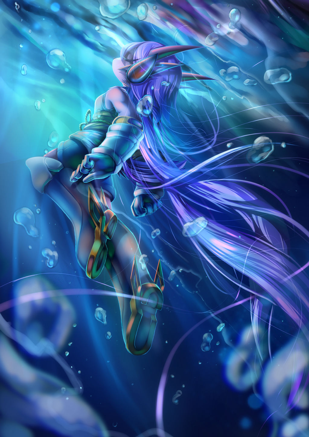 anthro boots breasts clothed clothing dansyron dragon eyes_closed female footwear freedom_planet freedom_planet_2 gloves hair handwear hi_res horn hybrid long_hair purple_hair sash_lilac solo tysontan underwater video_games water